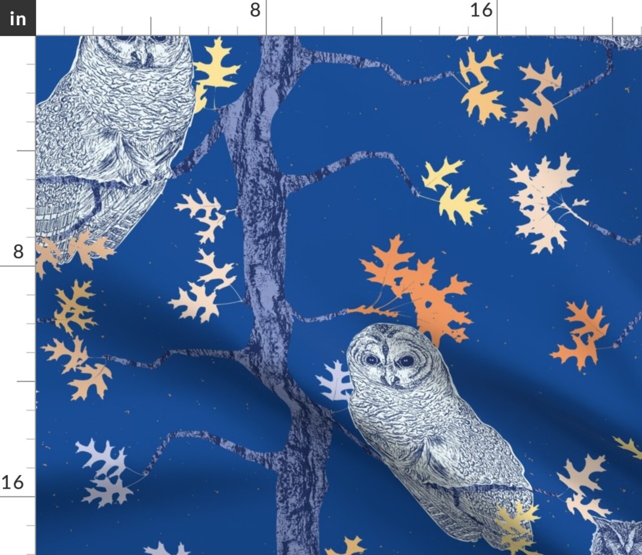 Woodland Owls Night Forest Fall Leaves Owl Trees Blue Woods Nature Birds Large Scale Custom Printed Fabric by Spoonflower Various Fabrics by the Yard or Fat Quarter